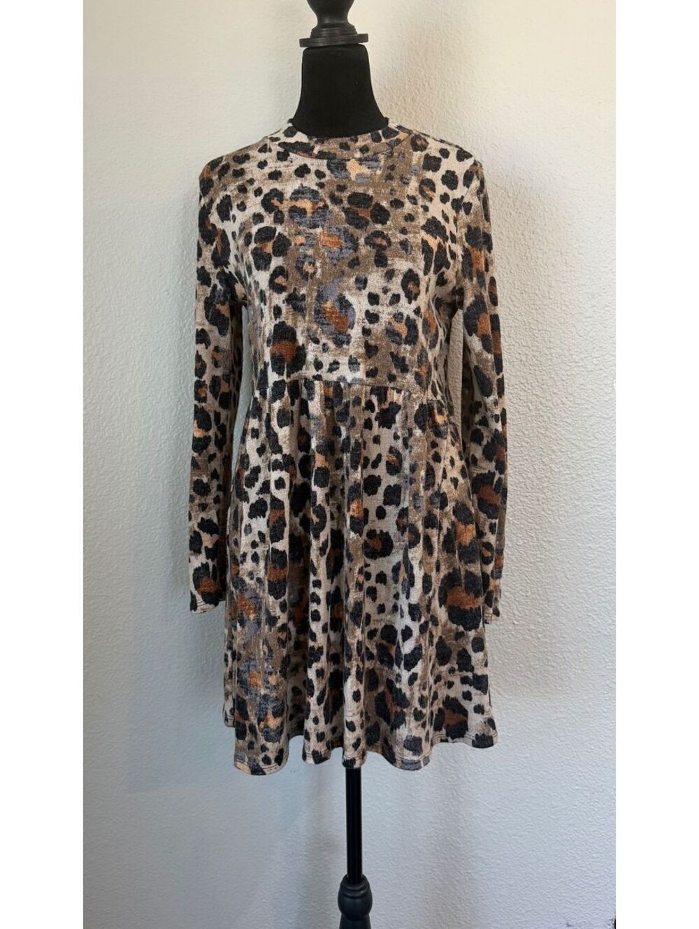 Entro Leopard Print Babydoll Mini Dress Long Sleeve